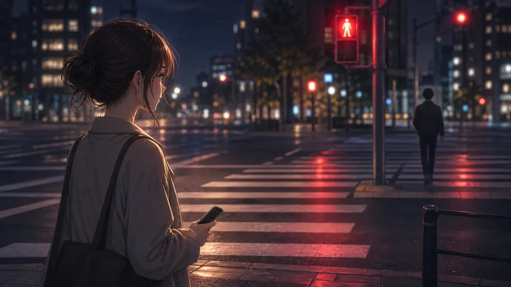夜の横断歩道でスマホを持ち、未練を期待しすぎる危険性を考える女性のイラスト