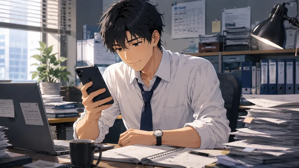 仕事で忙しい中でもスマホを確認する誠実な男性のイラスト