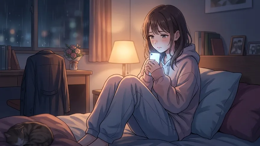 デート後に連絡が減って不安を感じながらスマホを見る女性のイラスト