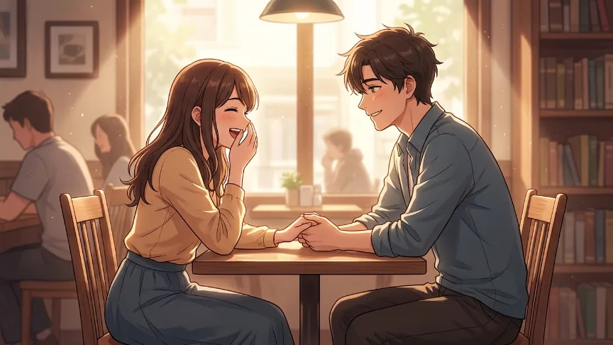 楽しいデート中に笑顔で会話する男女の恋愛イラスト