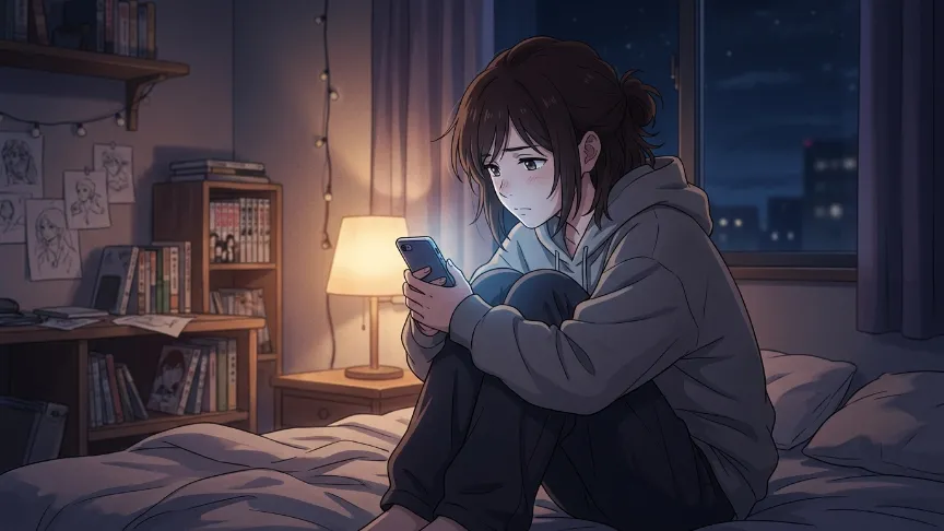 連絡が減った男性を気にして夜にスマホを見つめる女性の恋愛イラスト