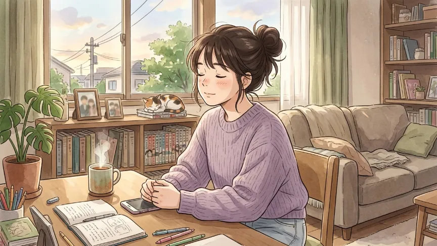 恋愛の不安を落ち着かせながら気持ちを整理する女性のイラスト