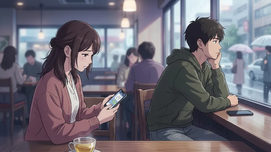 脈なしの可能性が高いそっけないLINEに悩む女性と距離を感じる男性の恋愛イラスト