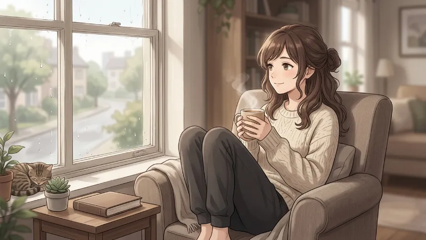 落ち着いた部屋で自分時間を過ごしながら恋愛の距離感を整える女性のイラスト