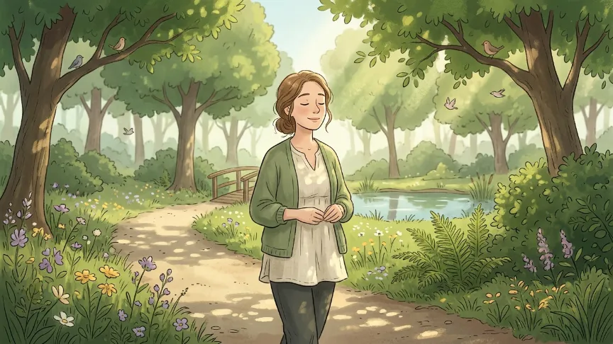 自然の中を歩きながら心を落ち着かせる女性の癒し系イラスト
