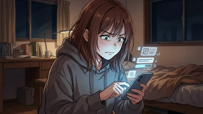 返信が気になってスマホを何度も確認してしまう女性の恋愛イラスト