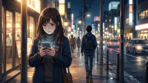 連絡が減った男性に不安を感じながらスマホを見る女性の恋愛イラスト