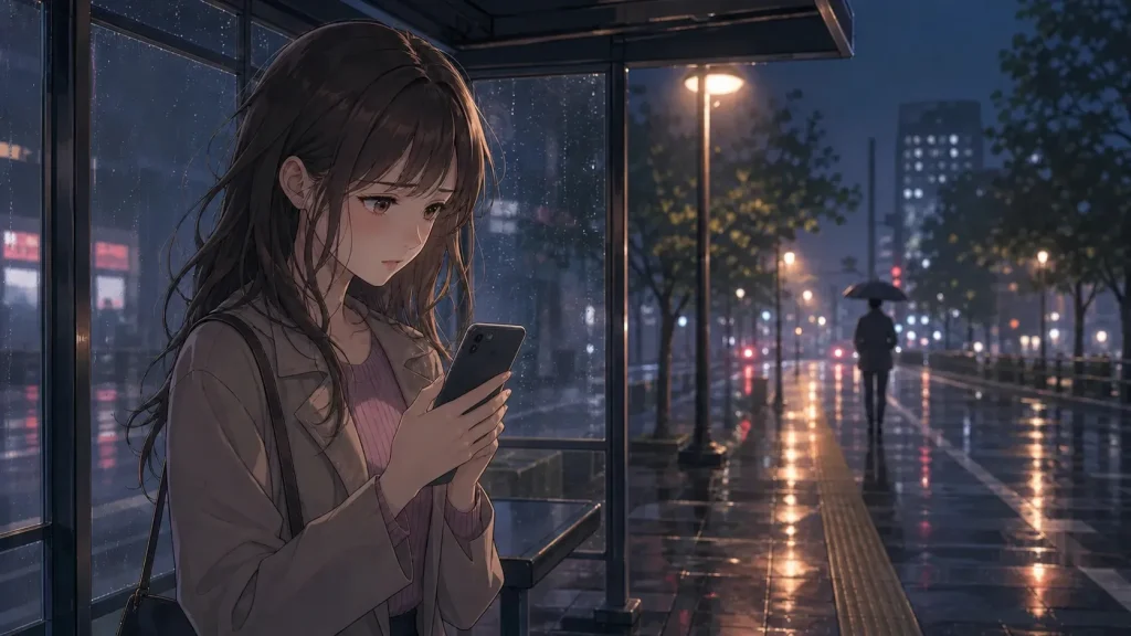 元彼にブロックされ、不安そうにスマホを見る女性と遠ざかる男性のイラスト