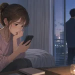 元彼にブロックされて不安そうにスマホを見る女性と、距離を置く男性の心理を描いたアニメイラスト