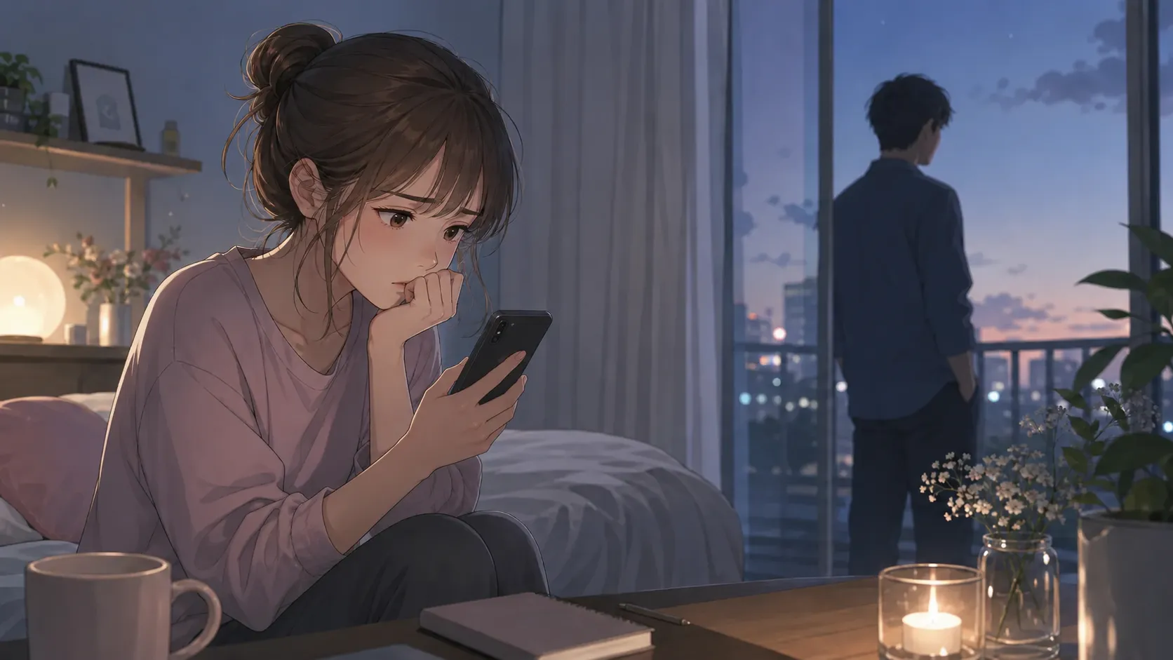 元彼にブロックされて不安そうにスマホを見る女性と、距離を置く男性の心理を描いたアニメイラスト